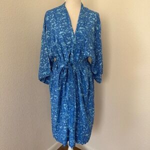 Blue Ginger Kimono Robe Womens O/S Blue Floral Rayon Belted Pockets Tropical